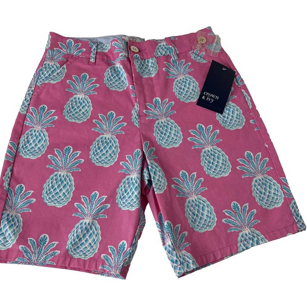 Crown & Ivy Kids NWT Pineapple Print Shorts Sz 14 Pink w blue pineapples preppy